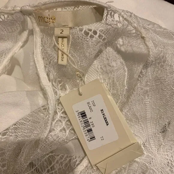 Maje Paris Leana Lace Insert Long Sleeve Off-White Silk Shirt - Picture 8 of 10